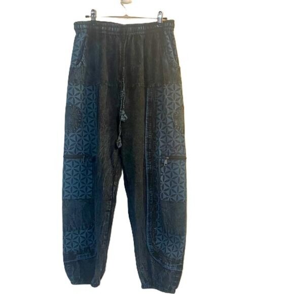 Women's Wide Leg Geometric Pattern Pants - Black And Blue S/M - Picture 8 of 8